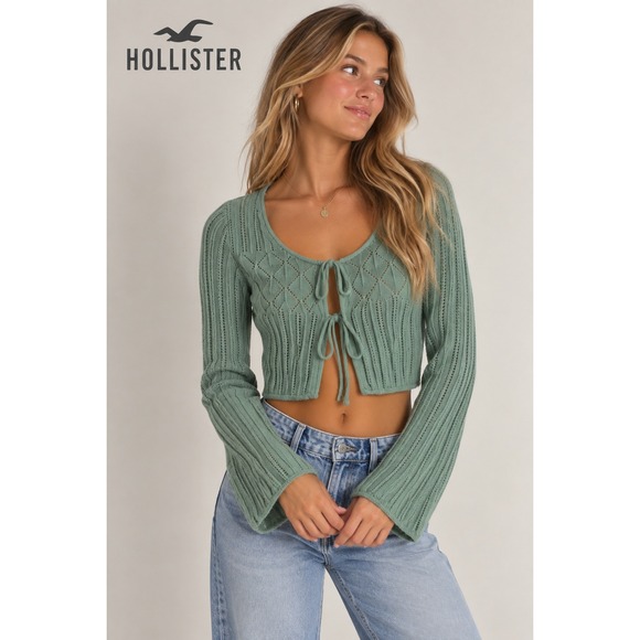 Hollister Sweaters - Hollister Sage Green Tie Front Pointelle Knit Cropped Cardigan Sweater Small